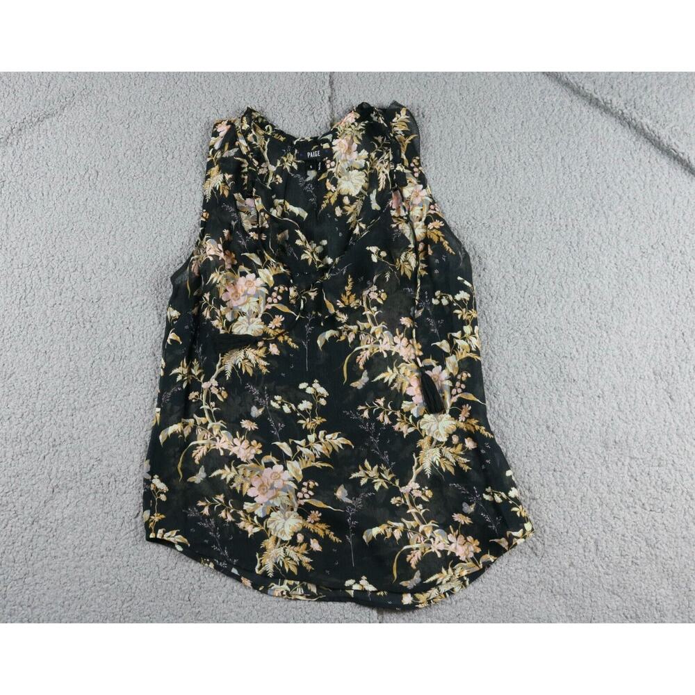 Paige Tia Silk Dress Women's Small Black Floral Tie Neck Round Hem Sleeveless